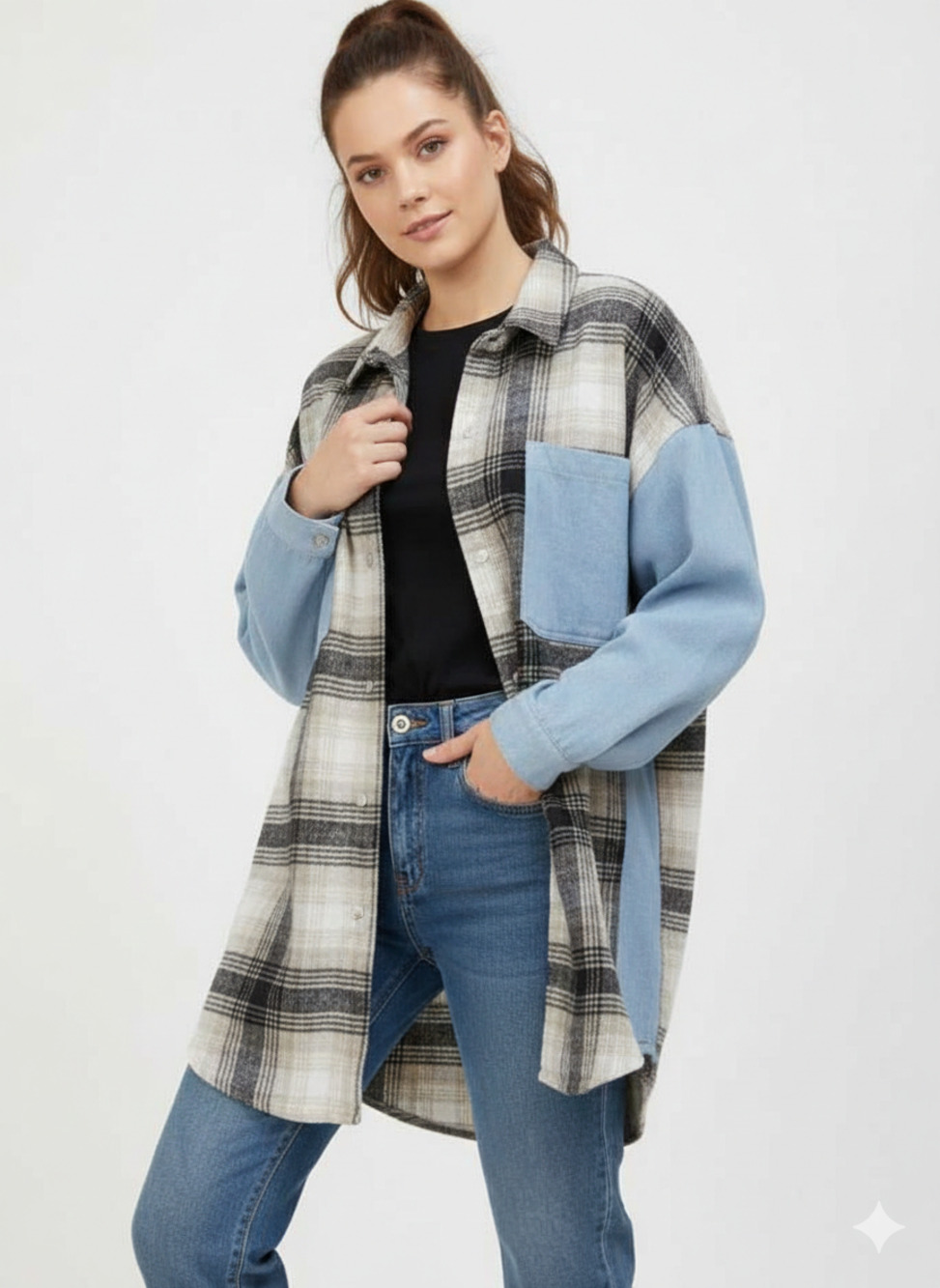 GLAM Oversized Blue Denim Flannel Taupe Plaid Patchwork Button Down Shacket, Med